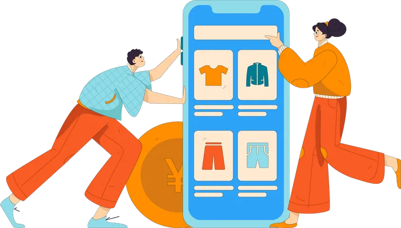 Mann und Mädchen beim mobilen Einkaufen  Illustration