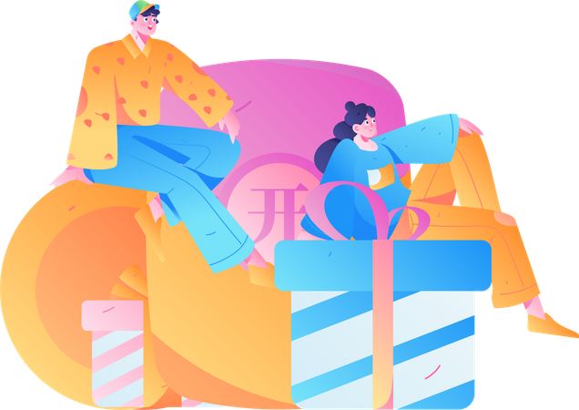 Mann und Mädchen mit Geschenk Angpow  Illustration