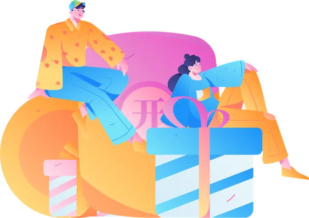 Mann und Mädchen mit Geschenk Angpow  Illustration