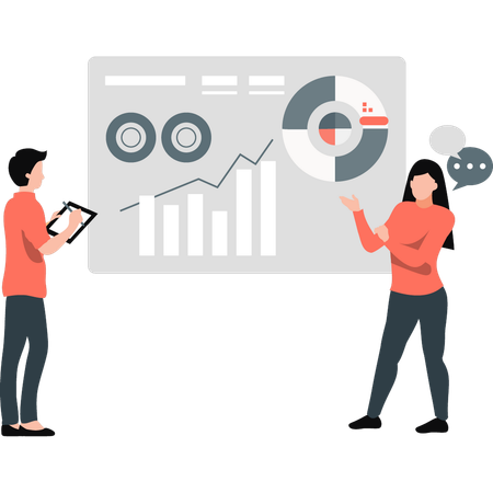 Mann und Mädchen reden über Geschäftsdiagramm  Illustration