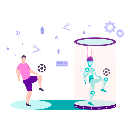 Mann und Roboter spielen Fußball  Illustration