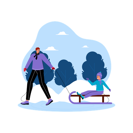 Mann und Sohn genießen Schlittenfahren im Winter  Illustration