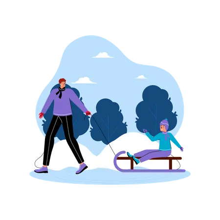 Mann und Sohn genießen Schlittenfahren im Winter  Illustration