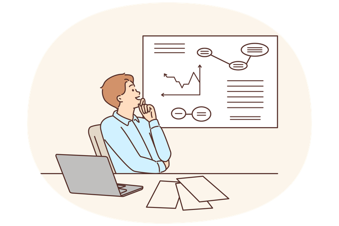 Ein Unternehmensmanager schaut sich glücklich wachsende Diagramme mit steigenden Gewinnen an  Illustration