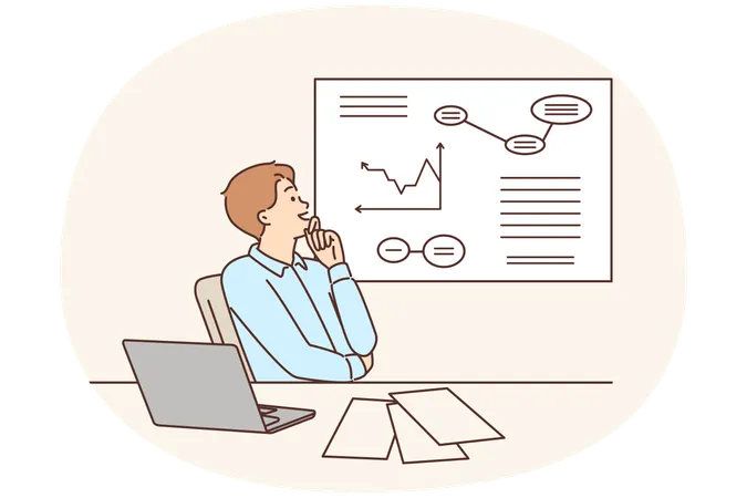 Ein Unternehmensmanager schaut sich glücklich wachsende Diagramme mit steigenden Gewinnen an  Illustration