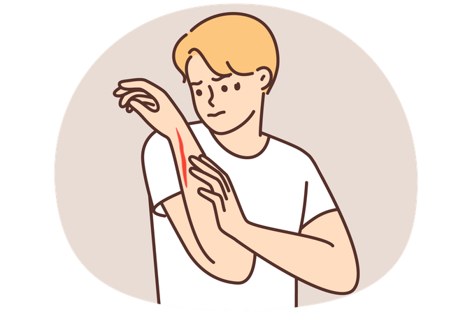 Mann untersucht Hand mit tiefem Schnitt oder Wunde nach Arbeitsunfall  Illustration