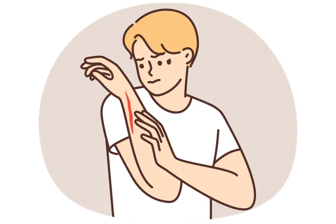 Mann untersucht Hand mit tiefem Schnitt oder Wunde nach Arbeitsunfall  Illustration