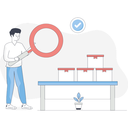 Mann untersucht Kisten genau mit einer Lupe und konzentriert sich auf Details  Illustration