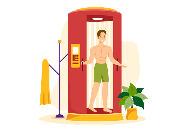 Mann unterzieht sich im Salon einer Bräunungsbehandlung  Illustration