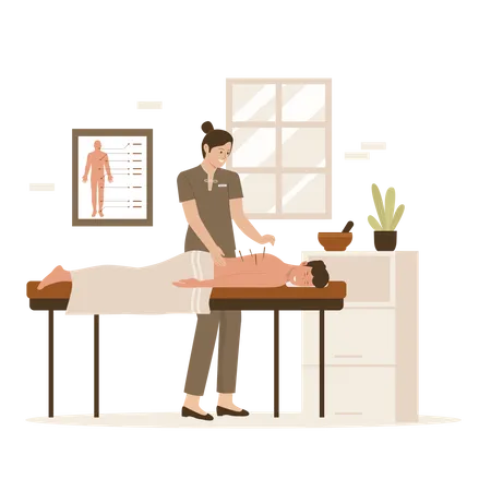 Mann unter traditioneller Akupunkturtherapie am Rücken  Illustration