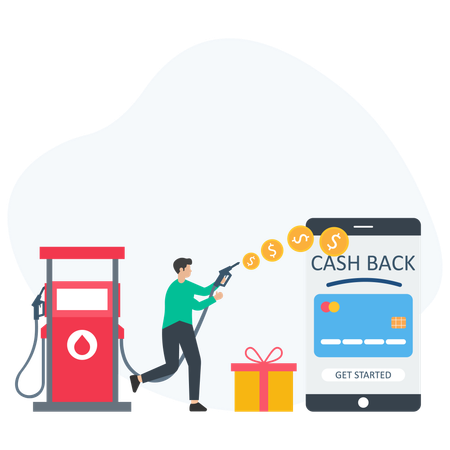 Mann verdient Cashback durch Tanken  Illustration