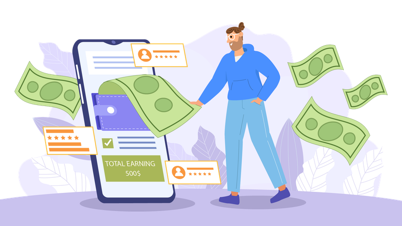 Mann verdient Geld mit dem Handy  Illustration