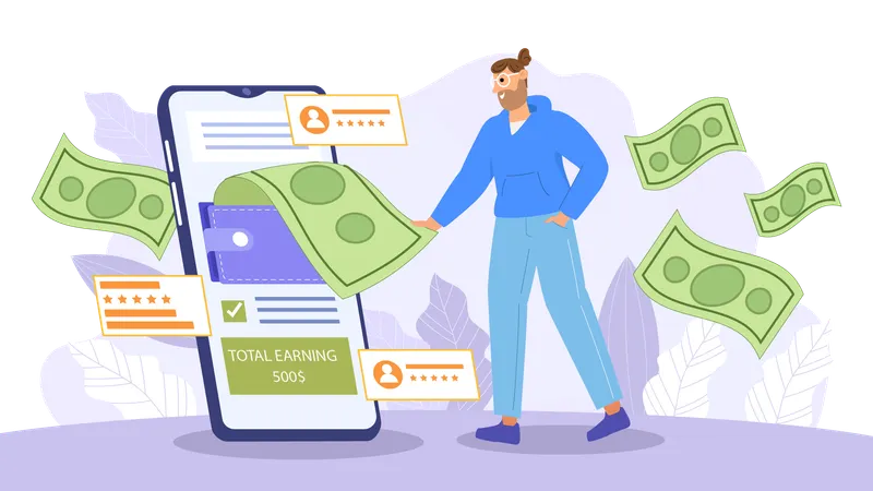 Mann verdient Geld mit dem Handy  Illustration