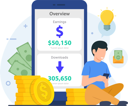 Mann verdient mit dem Handy online Geld  Illustration
