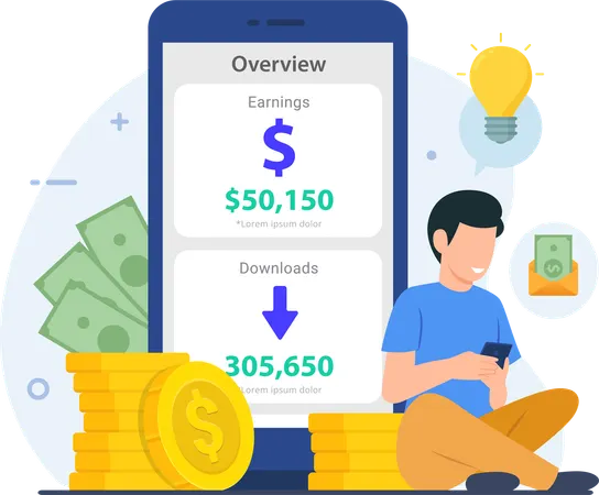 Mann verdient mit dem Handy online Geld  Illustration