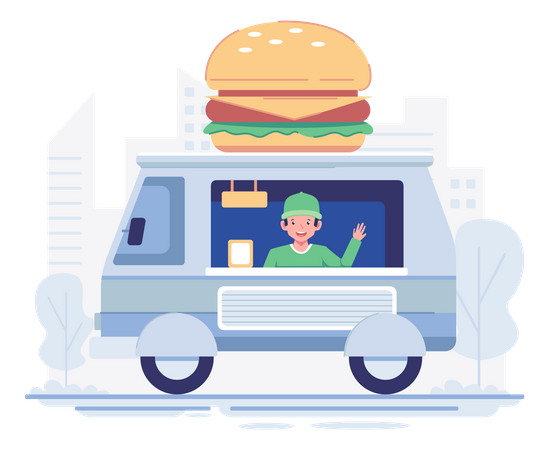 Mann verkauft Burger von einem Imbisswagen aus  Illustration