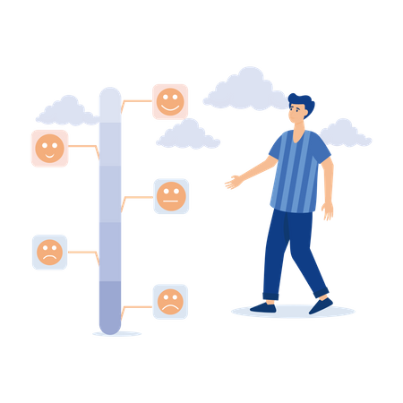 Mann versucht, die Messlatte für Kundenfeedback zu drücken, um ein hervorragendes Lächeln zu zeigen  Illustration