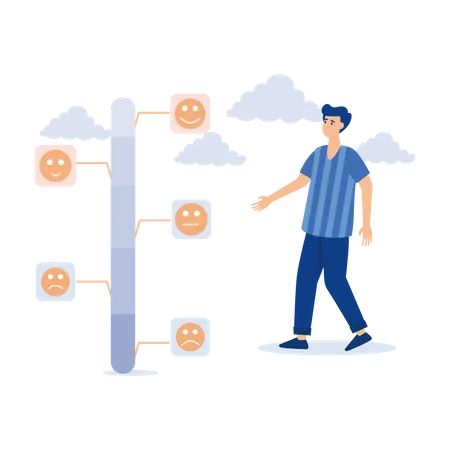 Mann versucht, die Messlatte für Kundenfeedback zu drücken, um ein hervorragendes Lächeln zu zeigen  Illustration