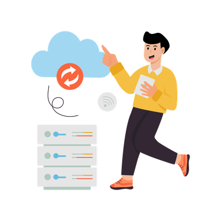 Mann nutzt Cloud-Synchronisierung  Illustration