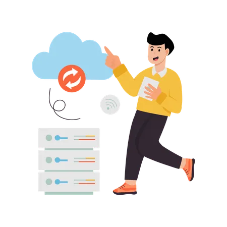 Mann nutzt Cloud-Synchronisierung  Illustration