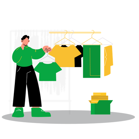 Mann verwirrt bei der Kleiderwahl im Geschäft  Illustration