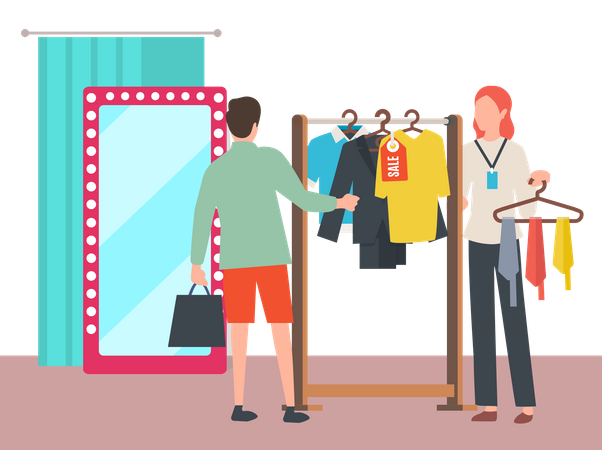 Mann wählt Kleidung in Modeboutique aus  Illustration