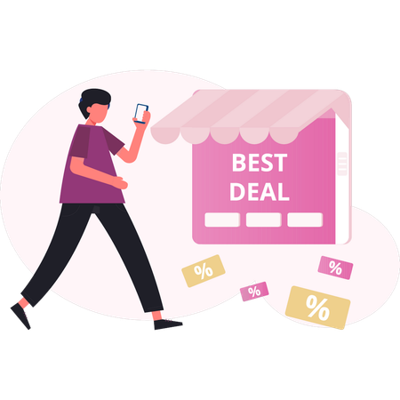 Mann läuft in der Nähe des besten Online-Deals  Illustration