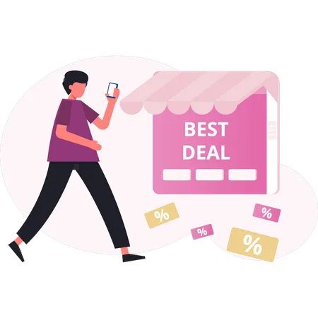 Mann läuft in der Nähe des besten Online-Deals  Illustration