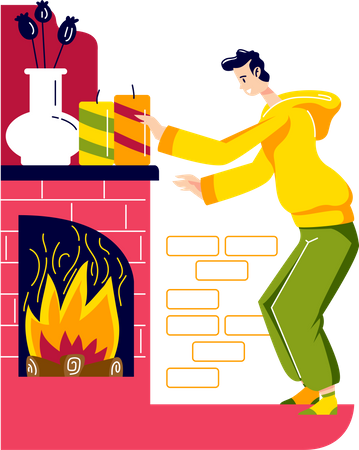 Mann wärmt sich am Kamin auf  Illustration