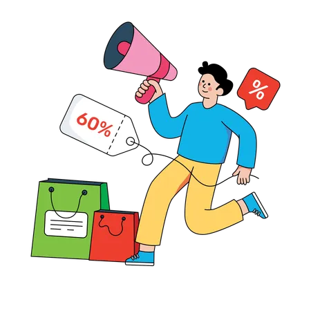 Mann macht Werbung für Online-Shopping  Illustration