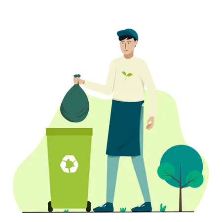 Mann wirft Abfall in Recyclingtonne  Illustration