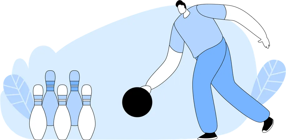 Mann wirft Ball auf Gasse mit Kegeln  Illustration