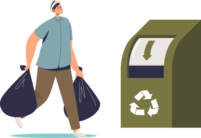 Mann wirft Kleidersäcke in Recyclingcontainer  Illustration