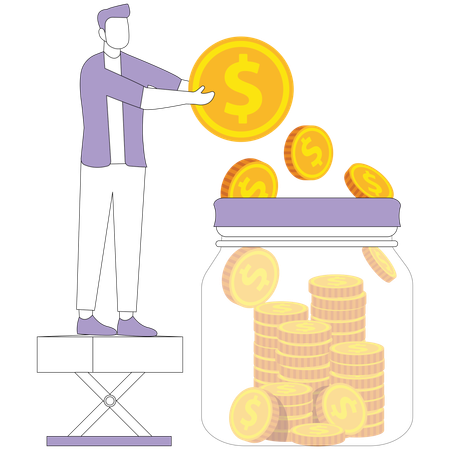 Mann wirft Münze in Münzglas  Illustration