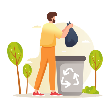 Mann wirft Plastikflasche in Papierkorb  Illustration