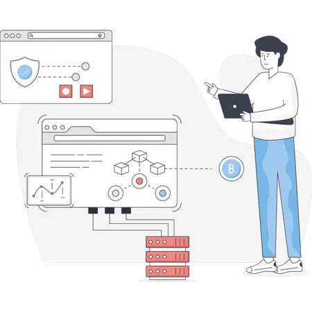 Mann zeigt Blockchain-Networking  Illustration