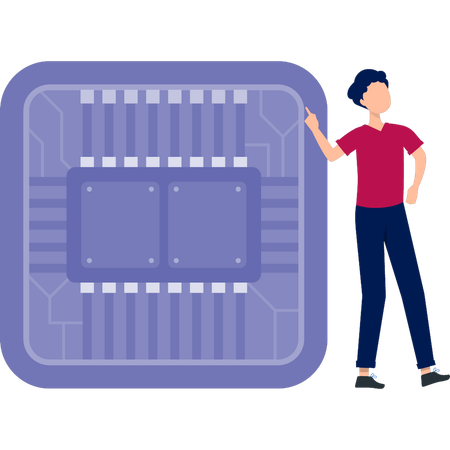 Mann zeigt konzentriert auf Datenkabel  Illustration