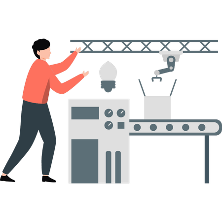 Mann zeigt Förderbandmaschine  Illustration