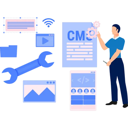 Mann zeigt auf kreatives Layout mit Informationsinhalten  Illustration