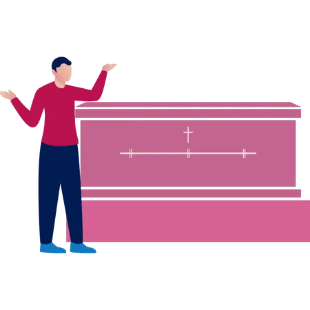 Mann zeigt auf Leichenkiste  Illustration