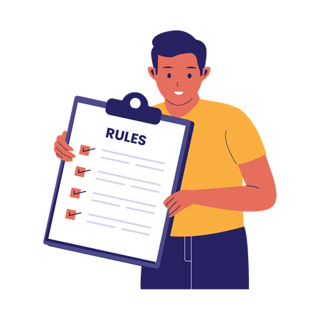 Mann zeigt auf die Checkliste mit den Regeln  Illustration