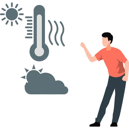 Mann zeigt auf steigende Temperatur der Sonnenstrahlen  Illustration