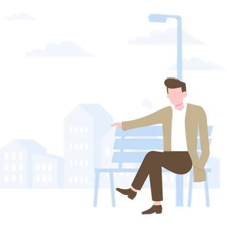 Mann zeigt in Richtung während er auf einer Parkbank sitzt  Illustration