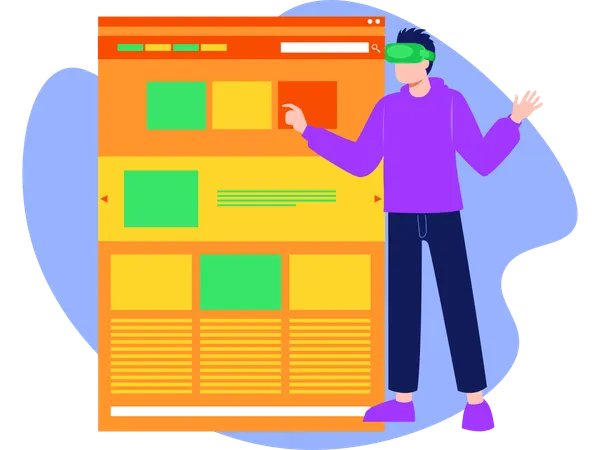 Mann zeigt auf Webseite mit VR-Technologie  Illustration