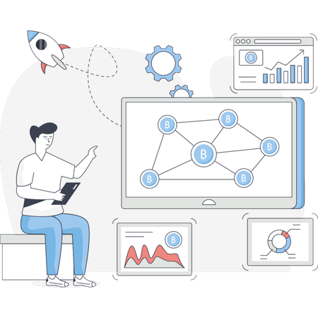 Mann zeigt Bitcoin-Networking  Illustration