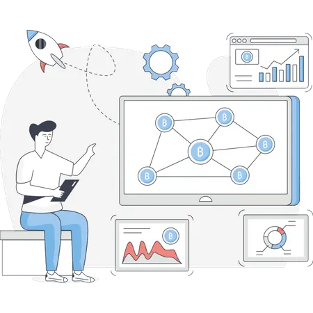 Mann zeigt Bitcoin-Networking  Illustration