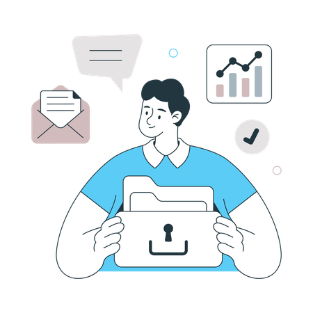Mann zeigt Data Organizer mit Ordner  Illustration