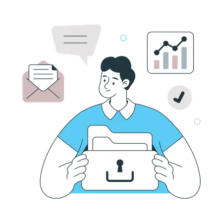 Mann zeigt Data Organizer mit Ordner  Illustration