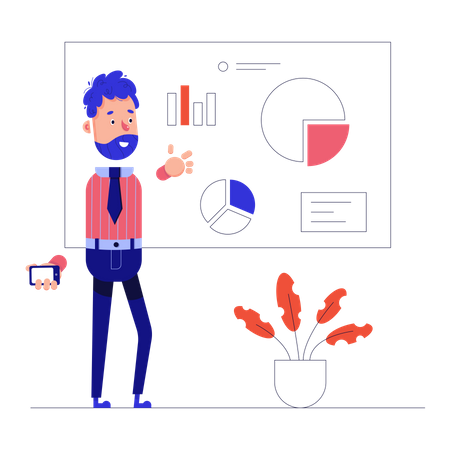 Mann zeigt Diagramme mit Projektstatistiken  Illustration