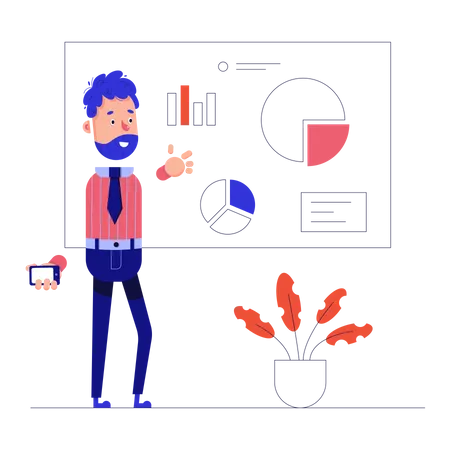 Mann zeigt Diagramme mit Projektstatistiken  Illustration